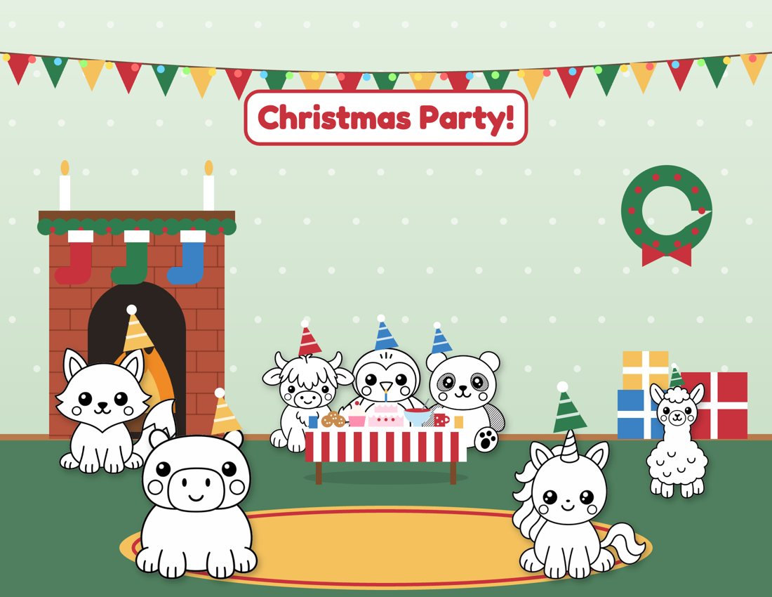A Christmas party by the fireplace, full of hand-drawn animals in party hats around a table of cake and cookies