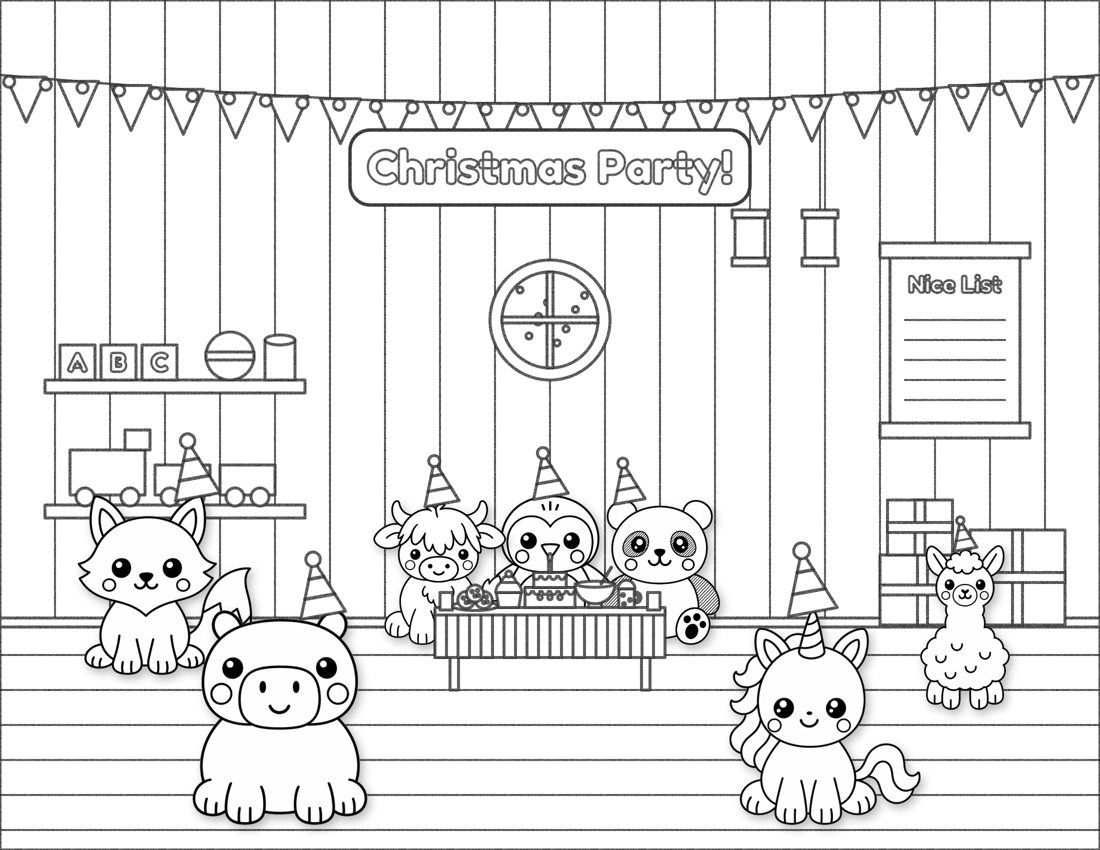 The party in Santa's workshop drawn in pencil sketch style, ready to print and color in