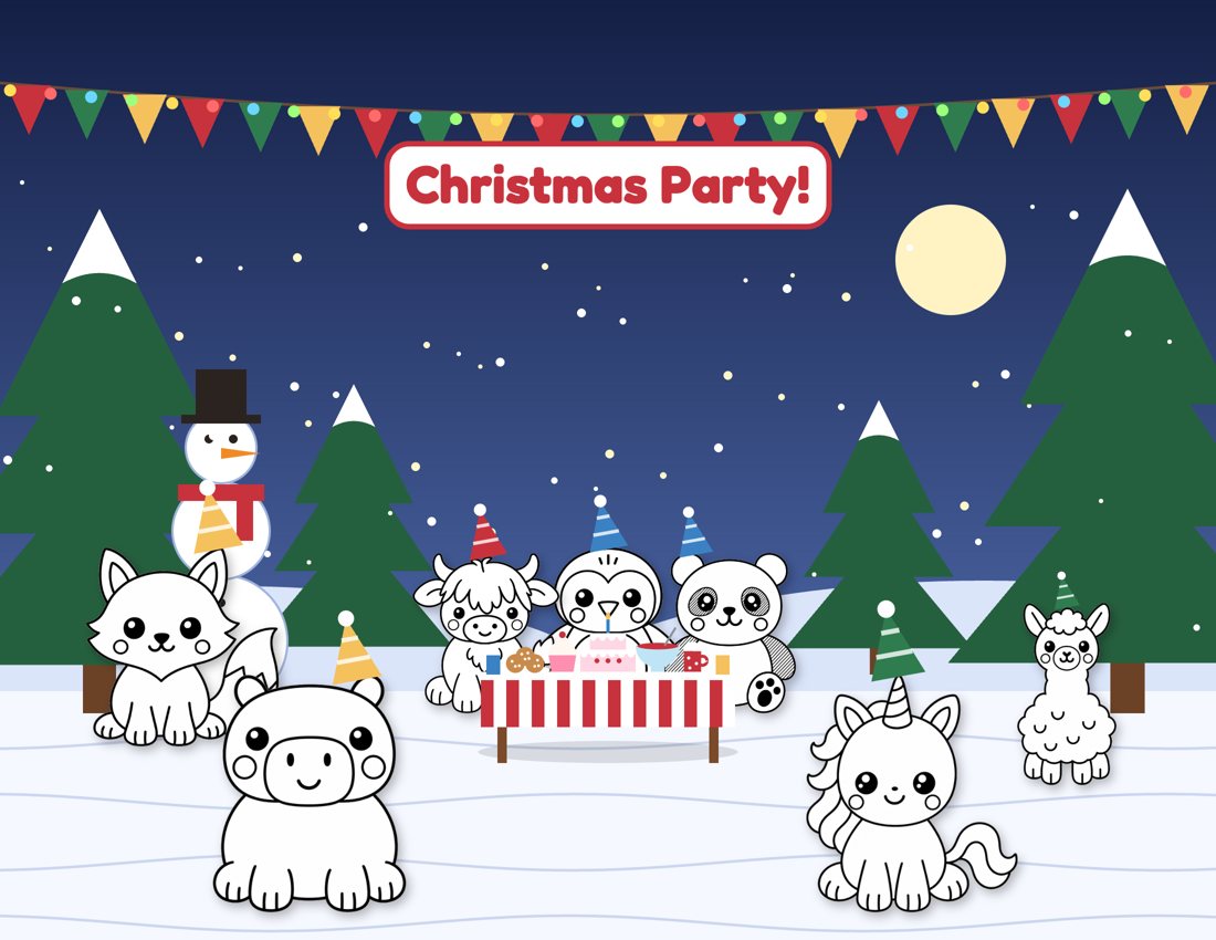 The same party outside on a snowy night, with a snowman and pine trees